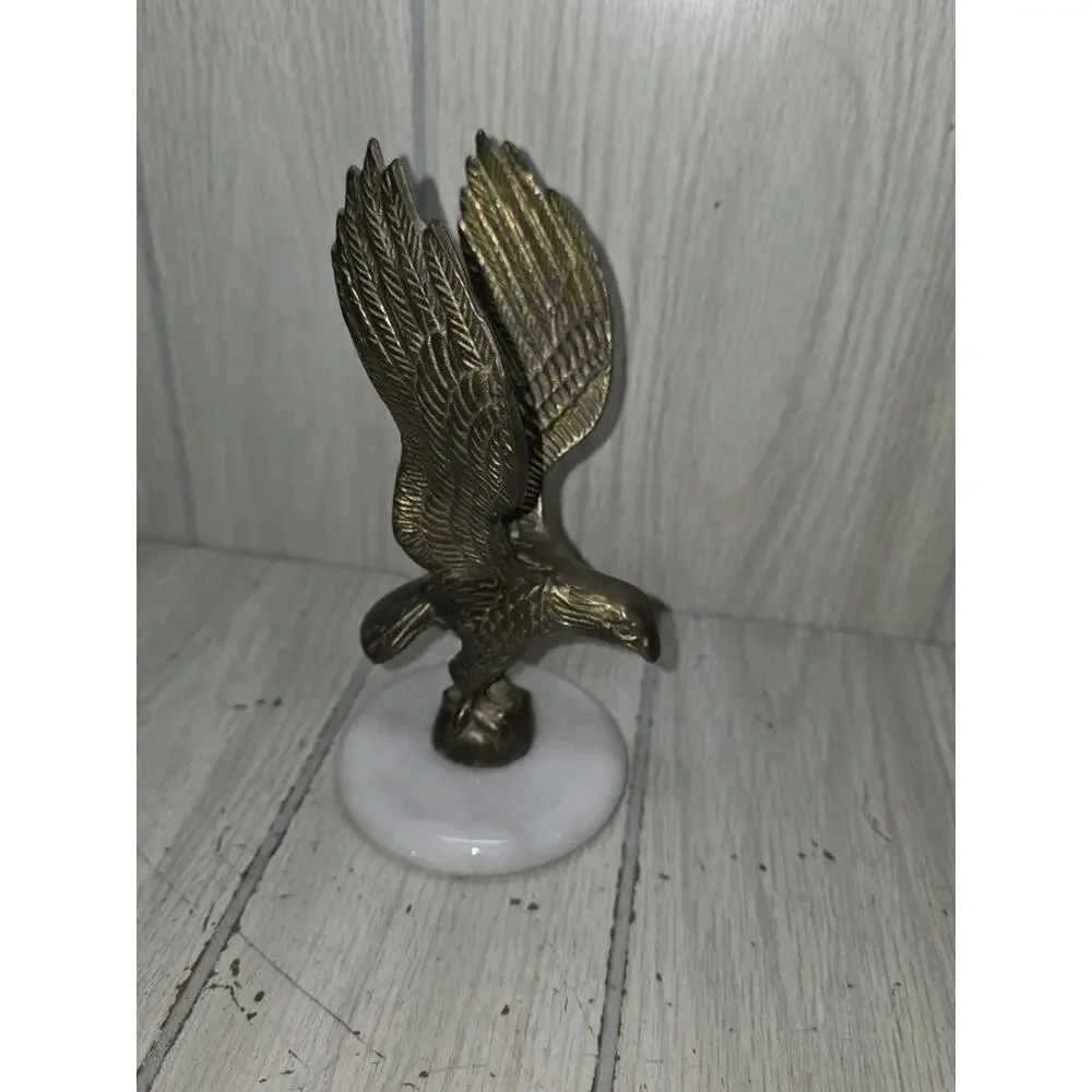 Vintage Brass Eagle Sculpture Flying Wings White Marble Base 7